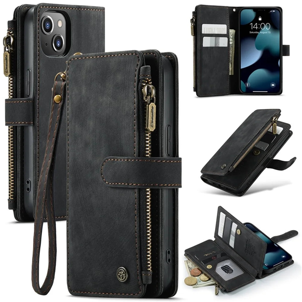 For iPhone 13 Phone Cases with Strap CASEME C30 Zipper Multiple Card Holder PU Leather Cover - Black - 1