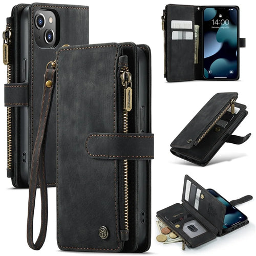 For iPhone 13 Phone Cases with Strap CASEME C30 Zipper Multiple Card Holder PU Leather Cover - Black - 1