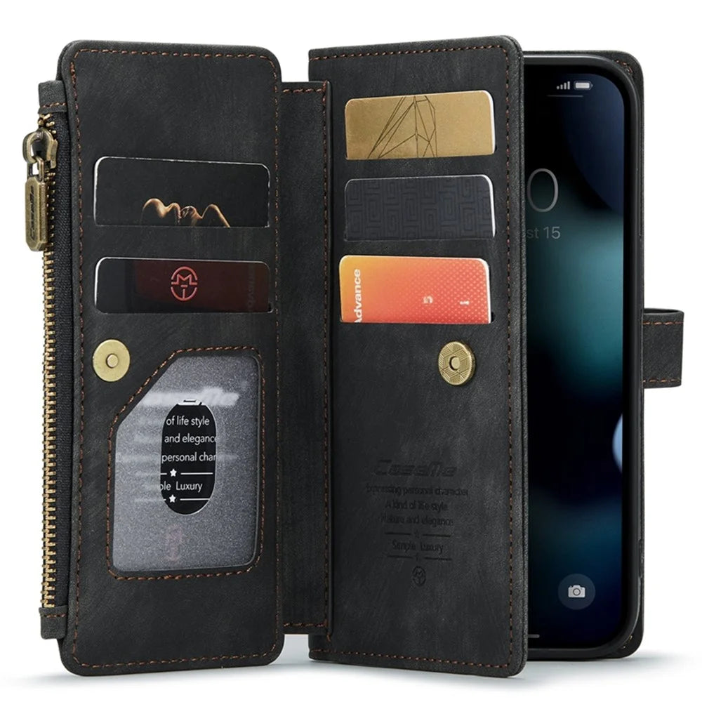 For iPhone 13 Phone Cases with Strap CASEME C30 Zipper Multiple Card Holder PU Leather Cover - Black - 3