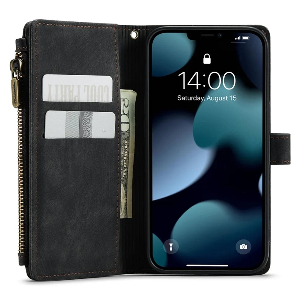 For iPhone 13 Phone Cases with Strap CASEME C30 Zipper Multiple Card Holder PU Leather Cover - Black - 4