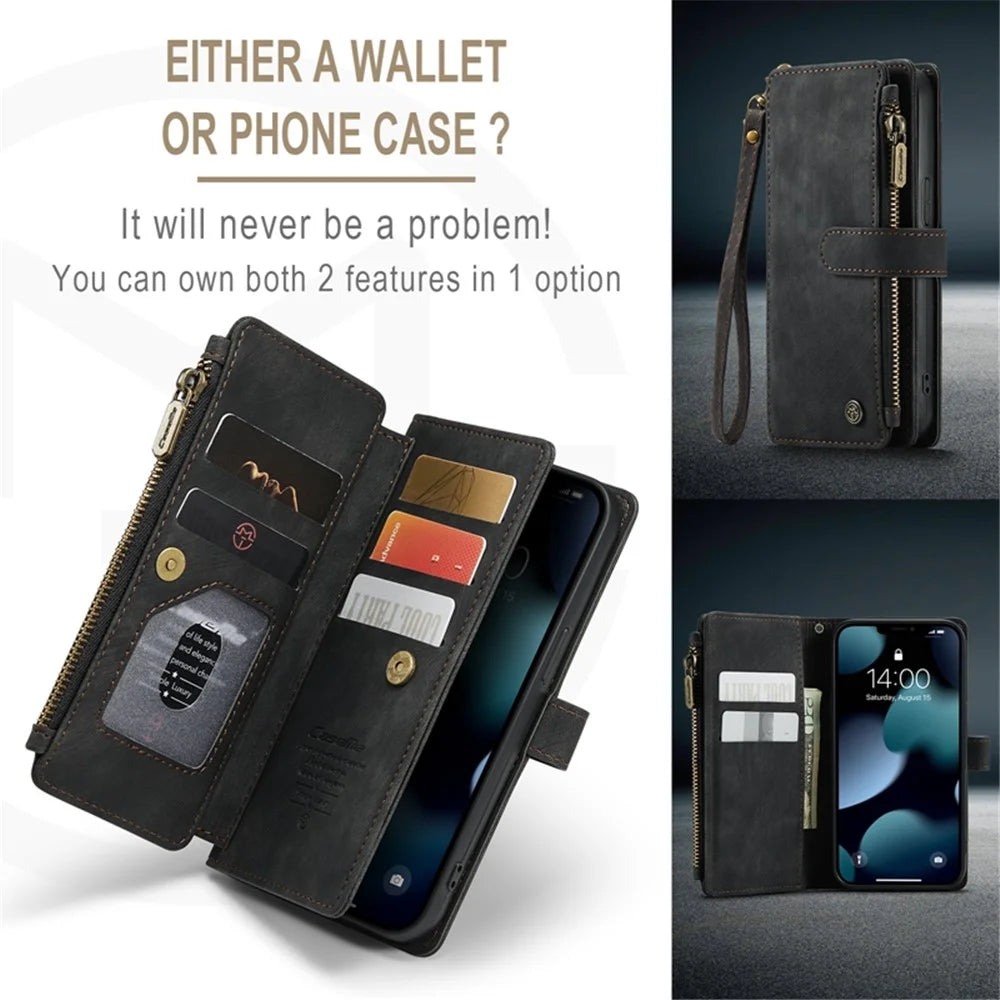 For iPhone 13 Phone Cases with Strap CASEME C30 Zipper Multiple Card Holder PU Leather Cover - Black - 6