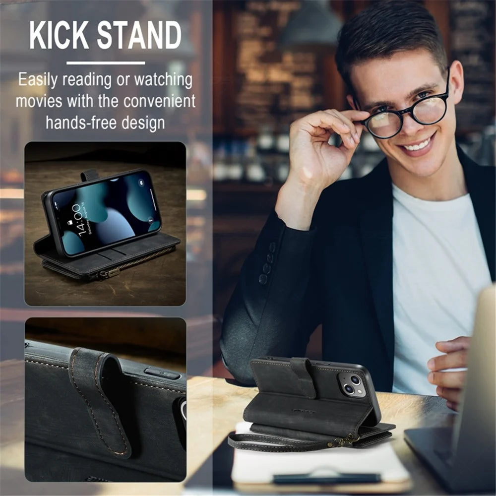 For iPhone 13 Phone Cases with Strap CASEME C30 Zipper Multiple Card Holder PU Leather Cover - Black - 7