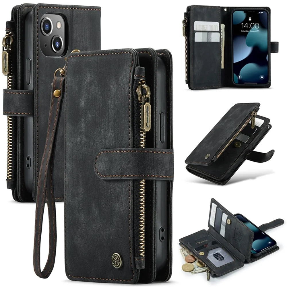 For iPhone 13 mini Phone Cases with Strap CASEME C30 Zipper Multiple Card Holder PU Leather Cover - Black - 1