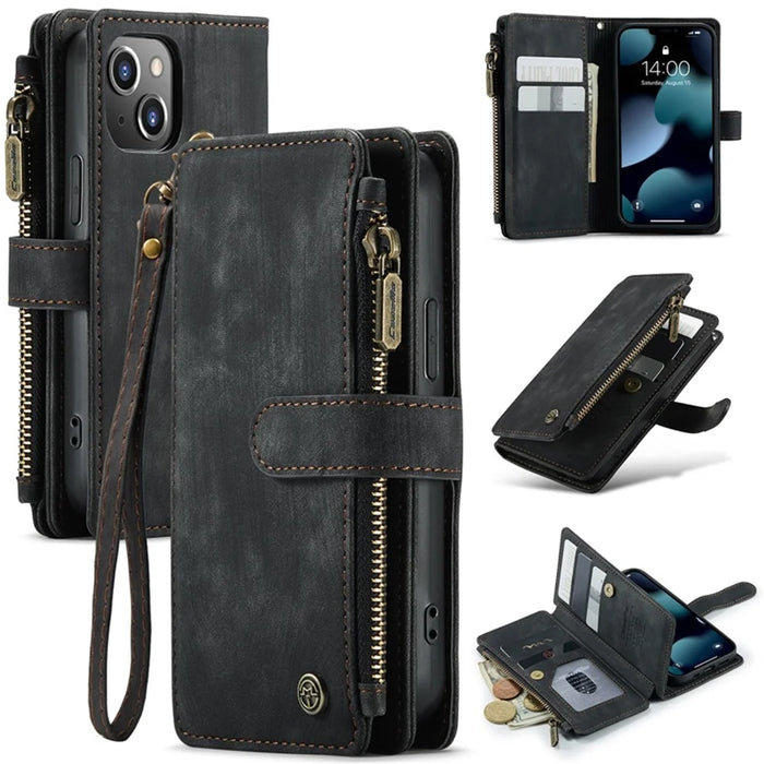 For iPhone 13 mini Phone Cases with Strap CASEME C30 Zipper Multiple Card Holder PU Leather Cover - Black - 1