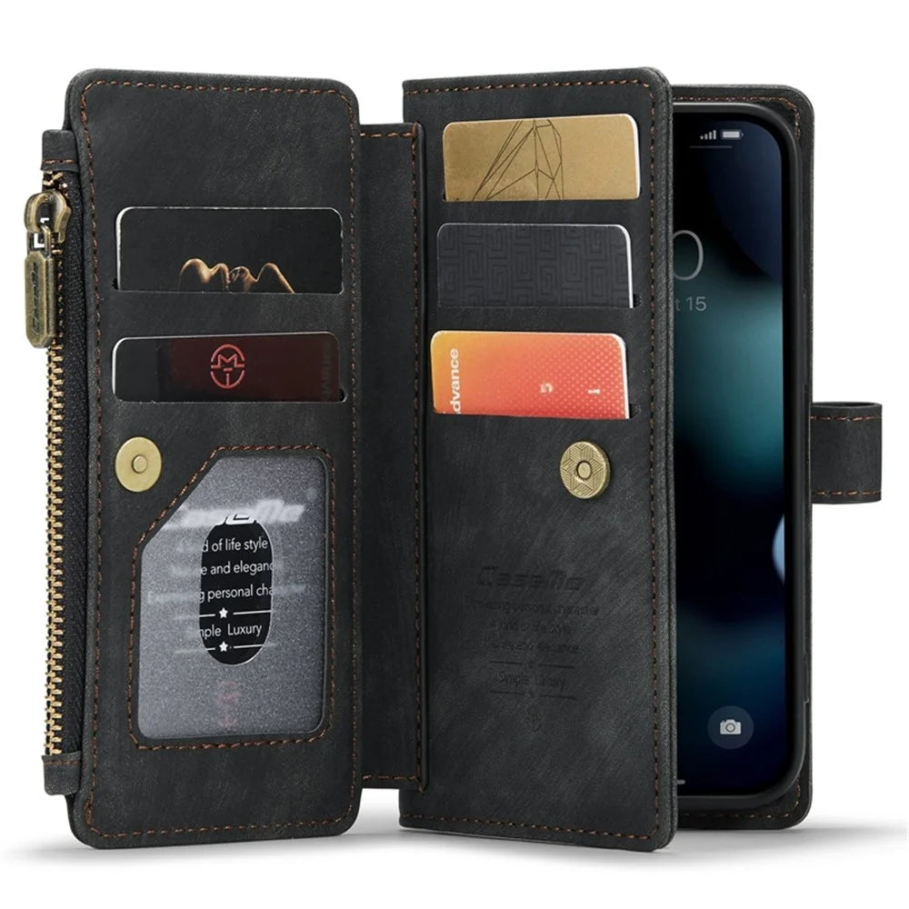 For iPhone 13 mini Phone Cases with Strap CASEME C30 Zipper Multiple Card Holder PU Leather Cover - Black - 3