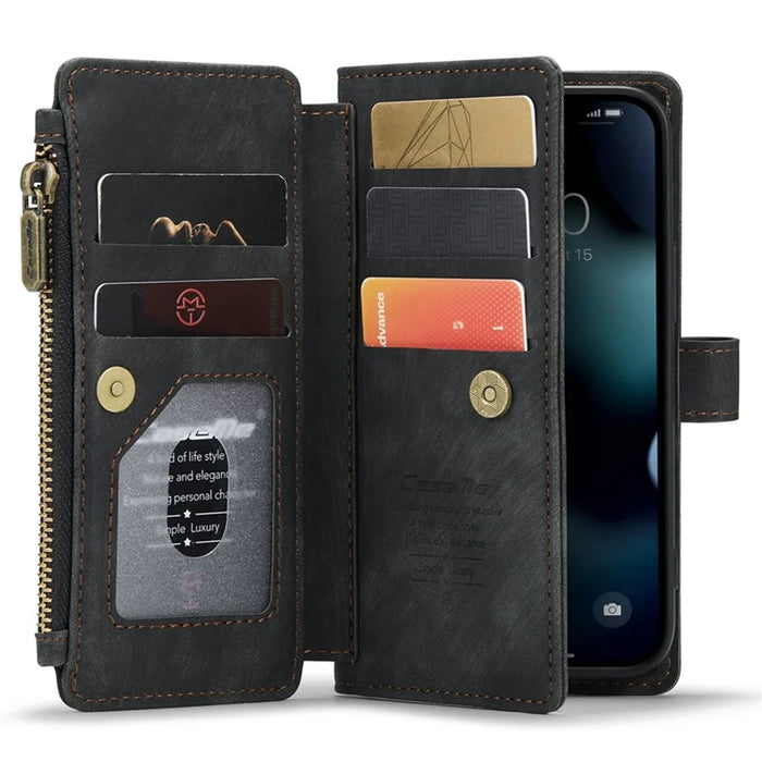 For iPhone 13 mini Phone Cases with Strap CASEME C30 Zipper Multiple Card Holder PU Leather Cover - Black - 3