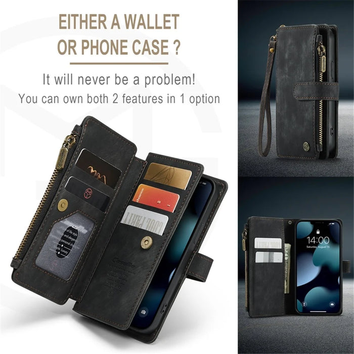 For iPhone 13 mini Phone Cases with Strap CASEME C30 Zipper Multiple Card Holder PU Leather Cover - Black - 6