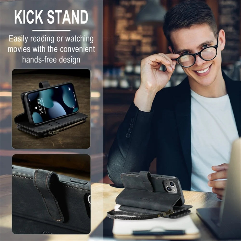 For iPhone 13 mini Phone Cases with Strap CASEME C30 Zipper Multiple Card Holder PU Leather Cover - Black - 7
