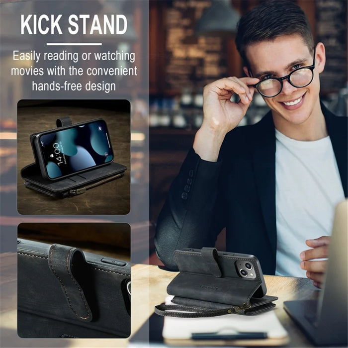 For iPhone 13 mini Phone Cases with Strap CASEME C30 Zipper Multiple Card Holder PU Leather Cover - Black - 7