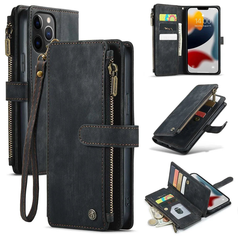 For iPhone 12 Pro Max Phone Cases with Strap CASEME C30 Zipper Multiple Card Holder PU Leather Cover - Black - 1