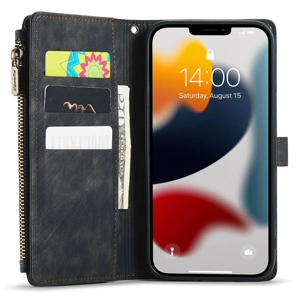 For iPhone 12 Pro Max Phone Cases with Strap CASEME C30 Zipper Multiple Card Holder PU Leather Cover - Black - 2