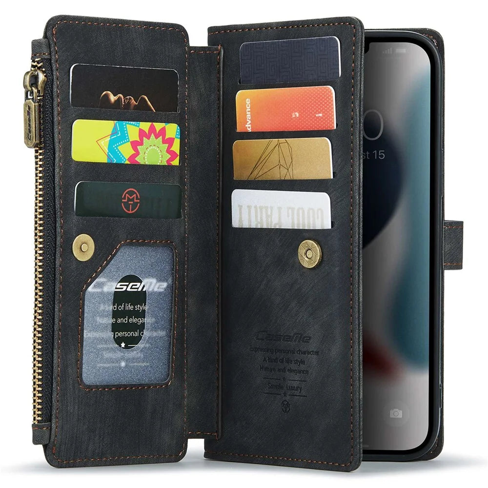 For iPhone 12 Pro Max Phone Cases with Strap CASEME C30 Zipper Multiple Card Holder PU Leather Cover - Black - 3