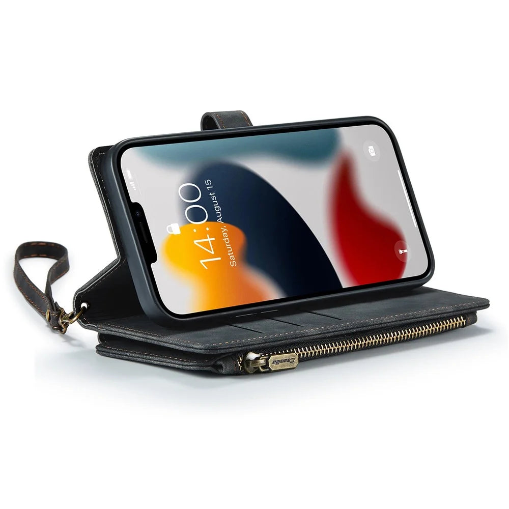 For iPhone 12 Pro Max Phone Cases with Strap CASEME C30 Zipper Multiple Card Holder PU Leather Cover - Black - 4
