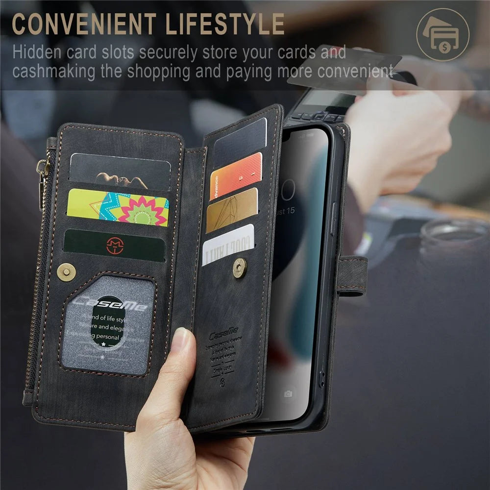 For iPhone 12 Pro Max Phone Cases with Strap CASEME C30 Zipper Multiple Card Holder PU Leather Cover - Black - 5