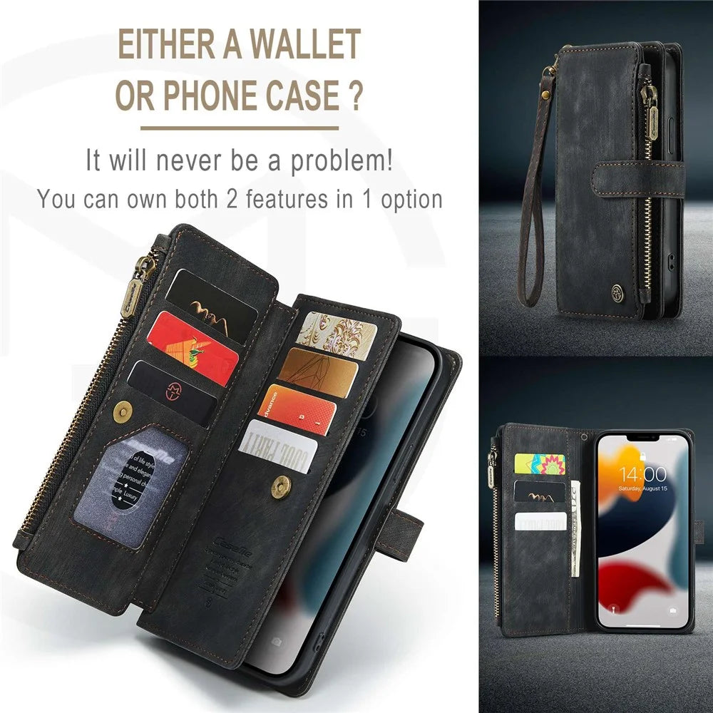For iPhone 12 Pro Max Phone Cases with Strap CASEME C30 Zipper Multiple Card Holder PU Leather Cover - Black - 6