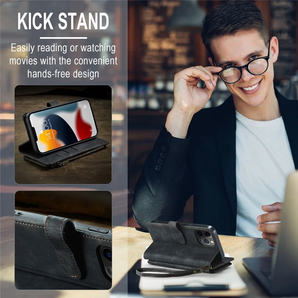 For iPhone 12 Pro Max Phone Cases with Strap CASEME C30 Zipper Multiple Card Holder PU Leather Cover - Black - 7