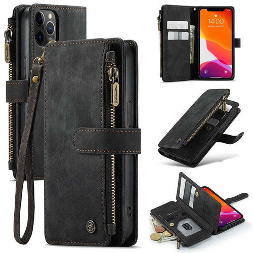 For iPhone 12 / 12 Pro Phone Cases with Strap CASEME C30 Zipper Multiple Card Holder PU Leather Cover - Black - 1