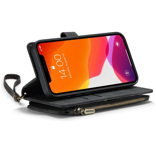 For iPhone 12 / 12 Pro Phone Cases with Strap CASEME C30 Zipper Multiple Card Holder PU Leather Cover - Black - 2