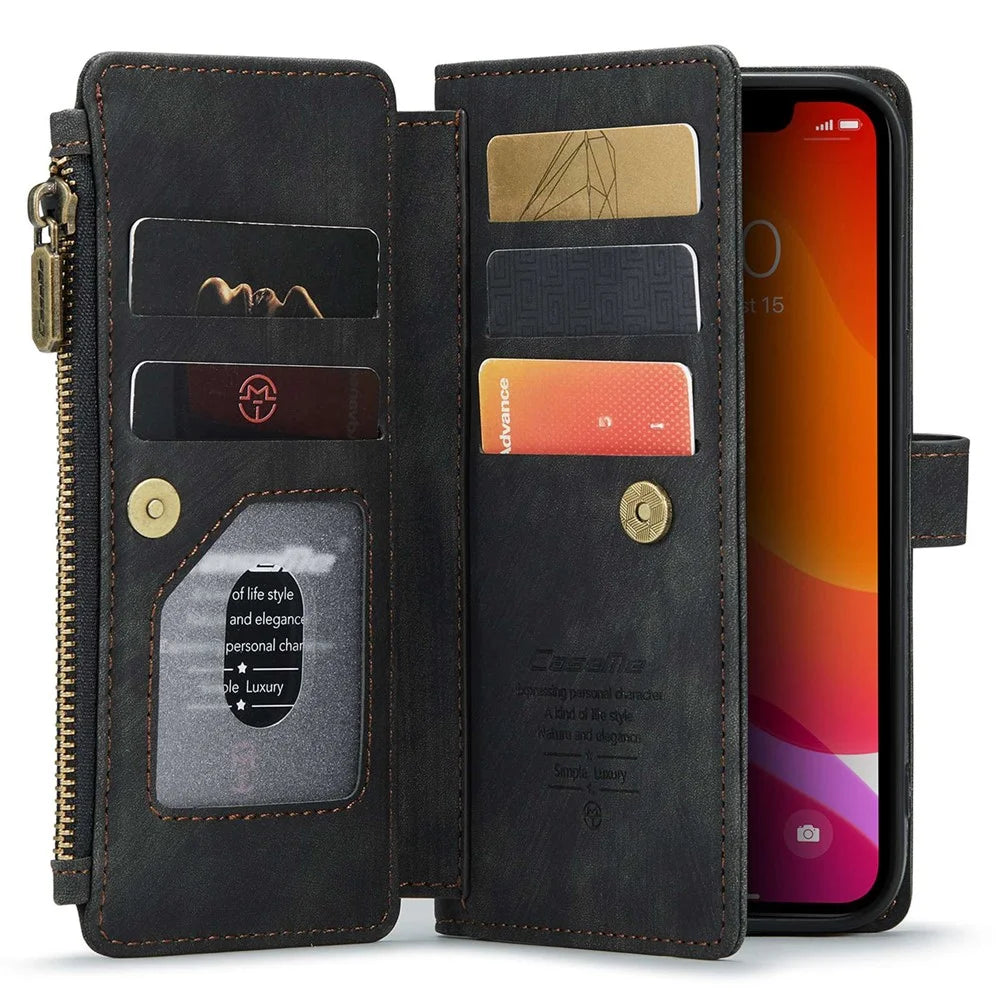 For iPhone 12 / 12 Pro Phone Cases with Strap CASEME C30 Zipper Multiple Card Holder PU Leather Cover - Black - 3