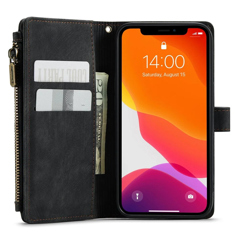 For iPhone 12 / 12 Pro Phone Cases with Strap CASEME C30 Zipper Multiple Card Holder PU Leather Cover - Black - 4