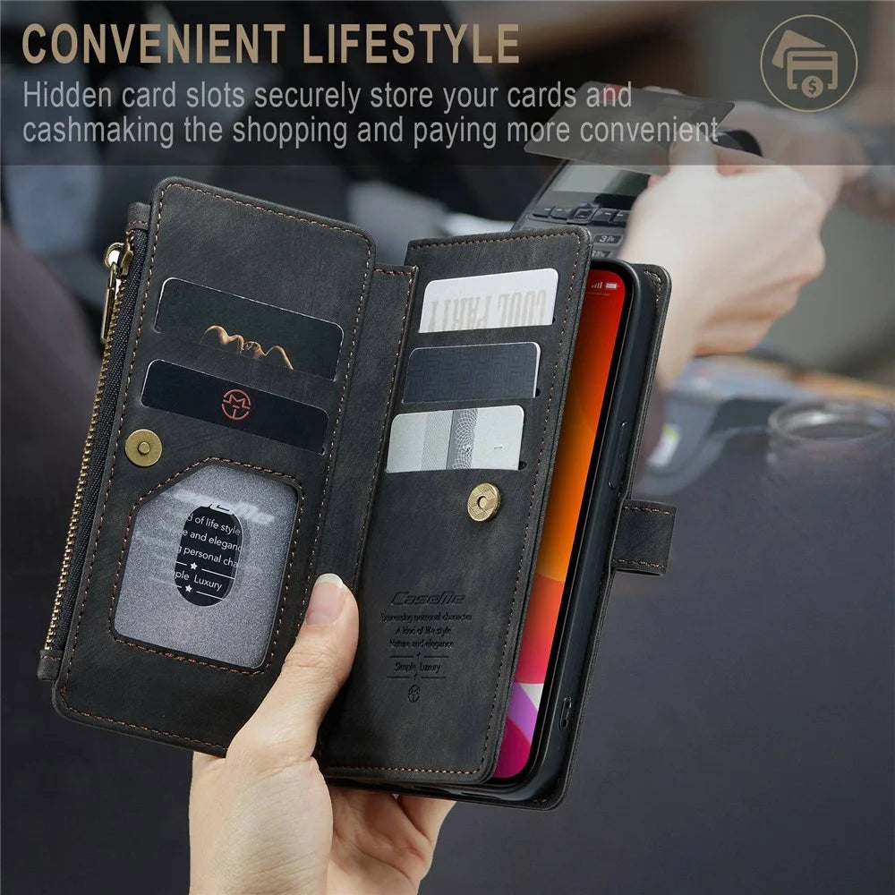 For iPhone 12 / 12 Pro Phone Cases with Strap CASEME C30 Zipper Multiple Card Holder PU Leather Cover - Black - 5