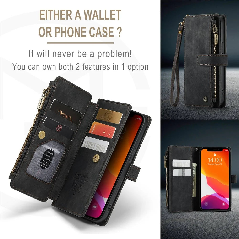 For iPhone 12 / 12 Pro Phone Cases with Strap CASEME C30 Zipper Multiple Card Holder PU Leather Cover - Black - 6