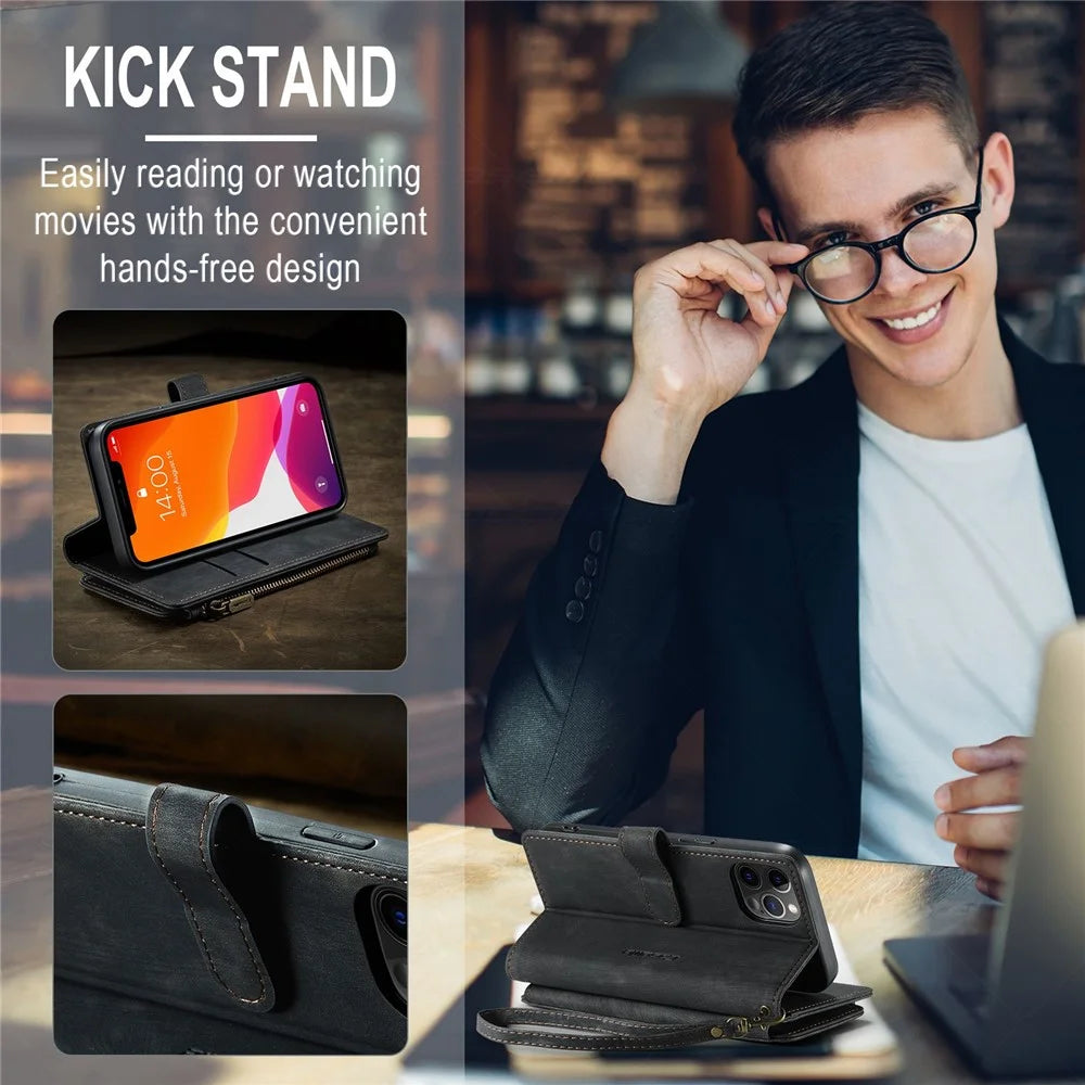 For iPhone 12 / 12 Pro Phone Cases with Strap CASEME C30 Zipper Multiple Card Holder PU Leather Cover - Black - 7