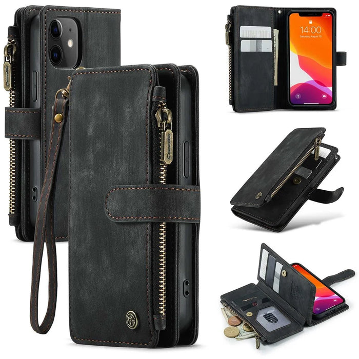 For iPhone 12 mini Phone Cases with Strap CASEME C30 Zipper Multiple Card Holder PU Leather Cover - Black - 1