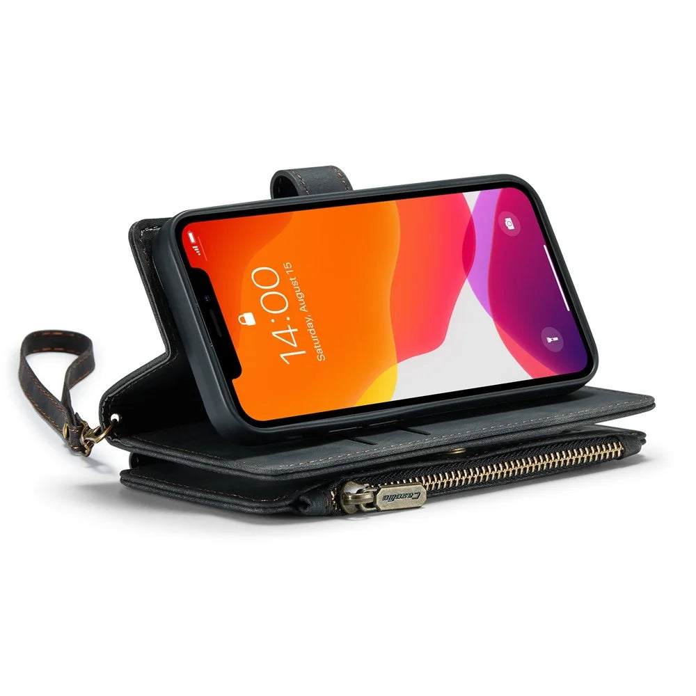 For iPhone 12 mini Phone Cases with Strap CASEME C30 Zipper Multiple Card Holder PU Leather Cover - Black - 2
