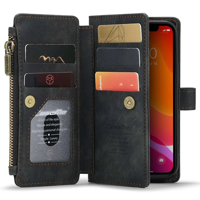 For iPhone 12 mini Phone Cases with Strap CASEME C30 Zipper Multiple Card Holder PU Leather Cover - Black - 3