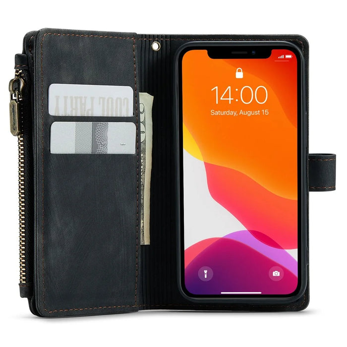 For iPhone 12 mini Phone Cases with Strap CASEME C30 Zipper Multiple Card Holder PU Leather Cover - Black - 4