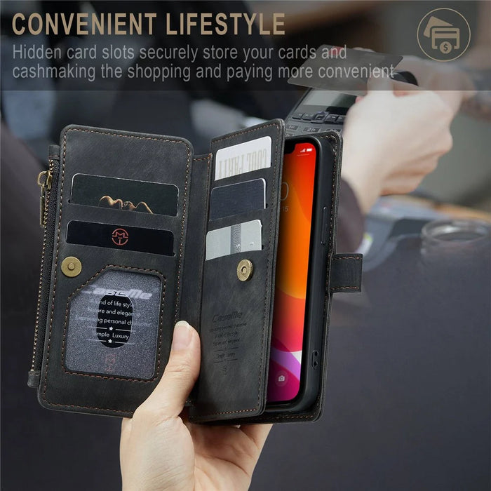 For iPhone 12 mini Phone Cases with Strap CASEME C30 Zipper Multiple Card Holder PU Leather Cover - Black - 5