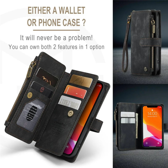 For iPhone 12 mini Phone Cases with Strap CASEME C30 Zipper Multiple Card Holder PU Leather Cover - Black - 6