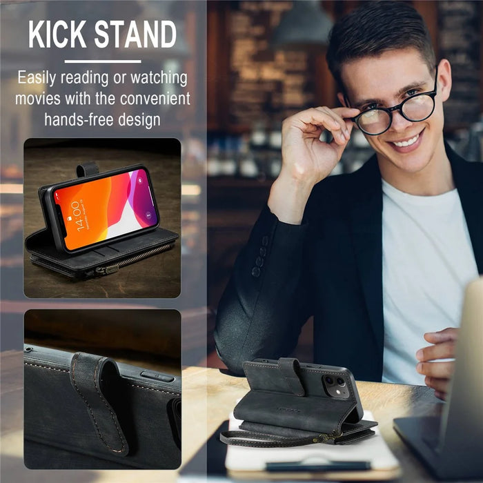 For iPhone 12 mini Phone Cases with Strap CASEME C30 Zipper Multiple Card Holder PU Leather Cover - Black - 7