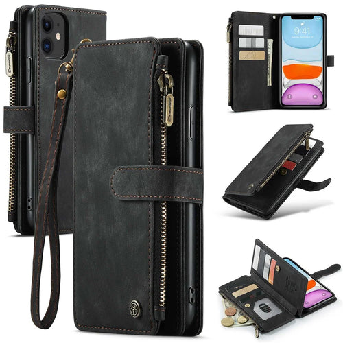 For iPhone 11 Phone Cases with Strap CASEME C30 Zipper Multiple Card Holder PU Leather Cover - Black - 1
