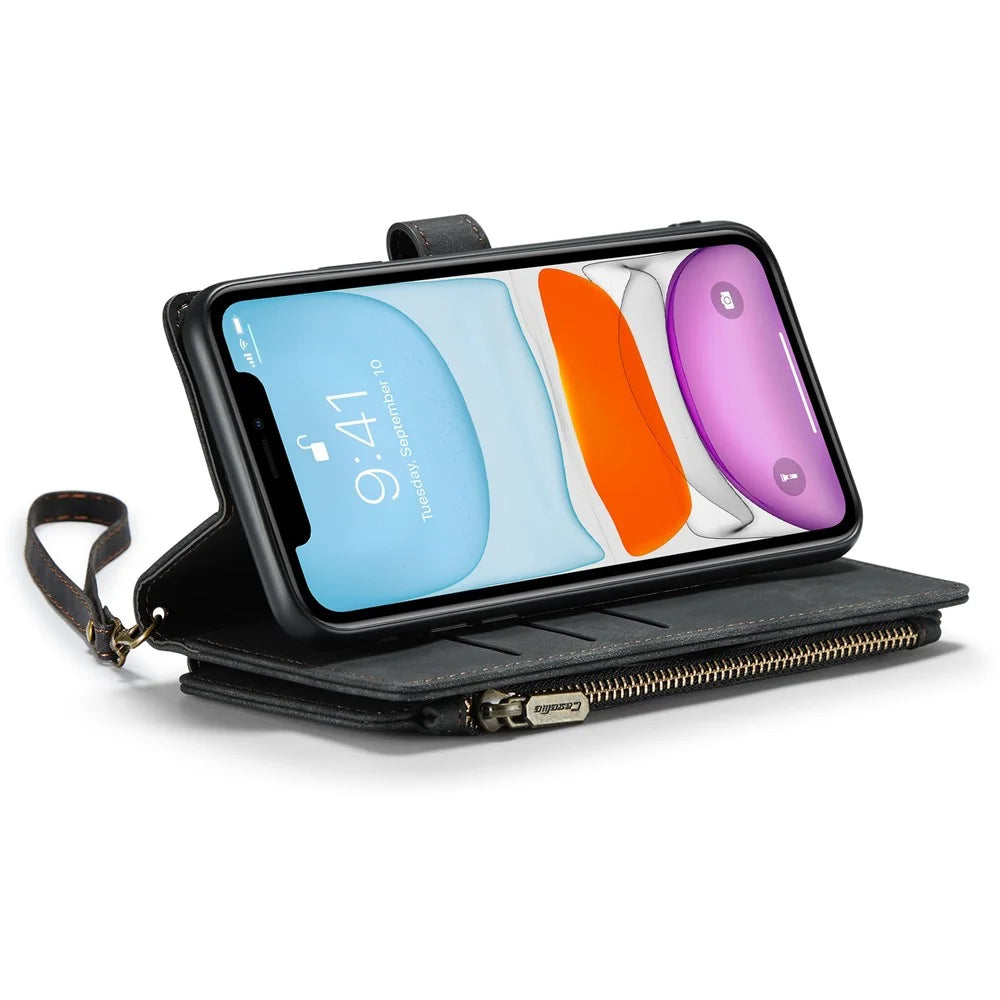 For iPhone 11 Phone Cases with Strap CASEME C30 Zipper Multiple Card Holder PU Leather Cover - Black - 2