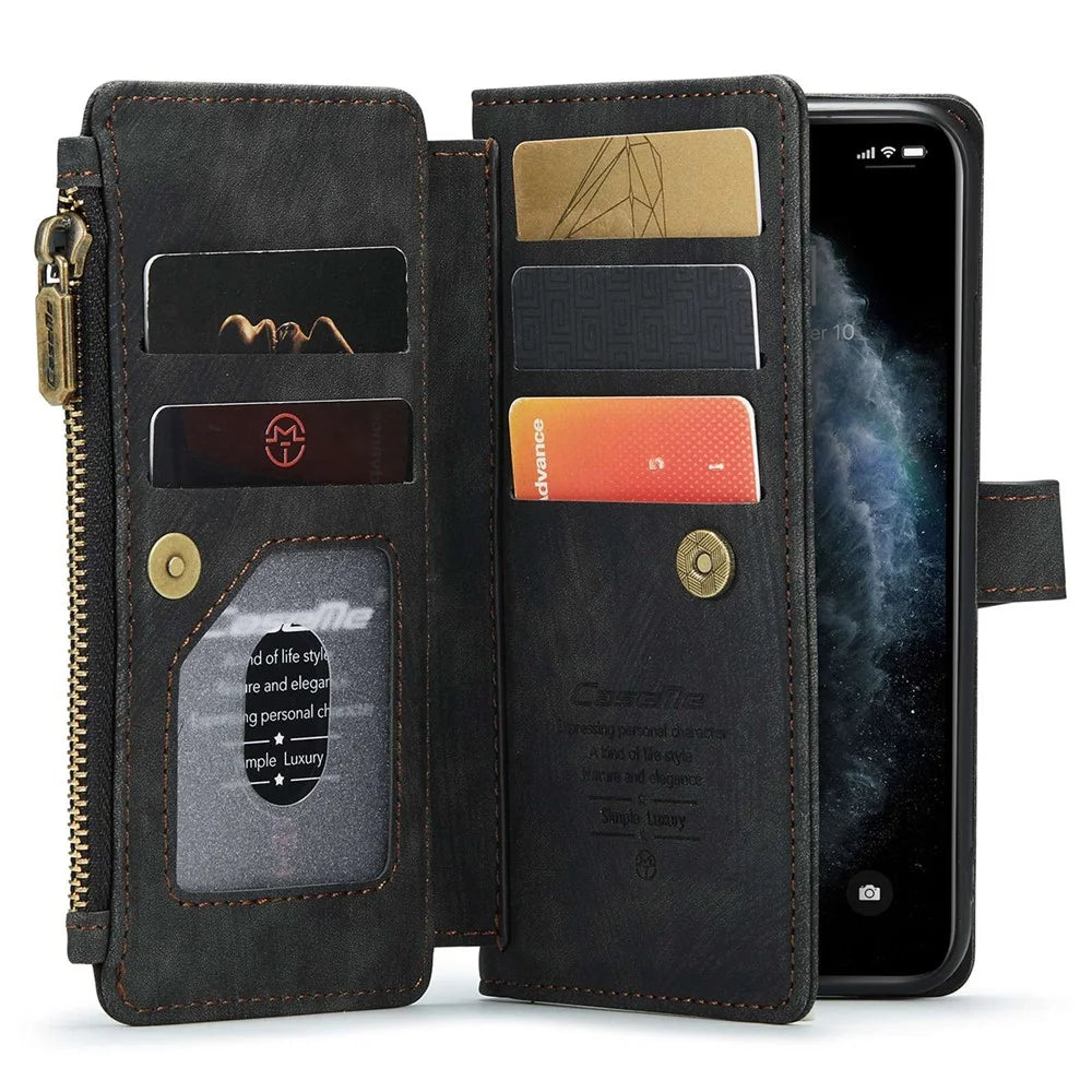 For iPhone 11 Phone Cases with Strap CASEME C30 Zipper Multiple Card Holder PU Leather Cover - Black - 3