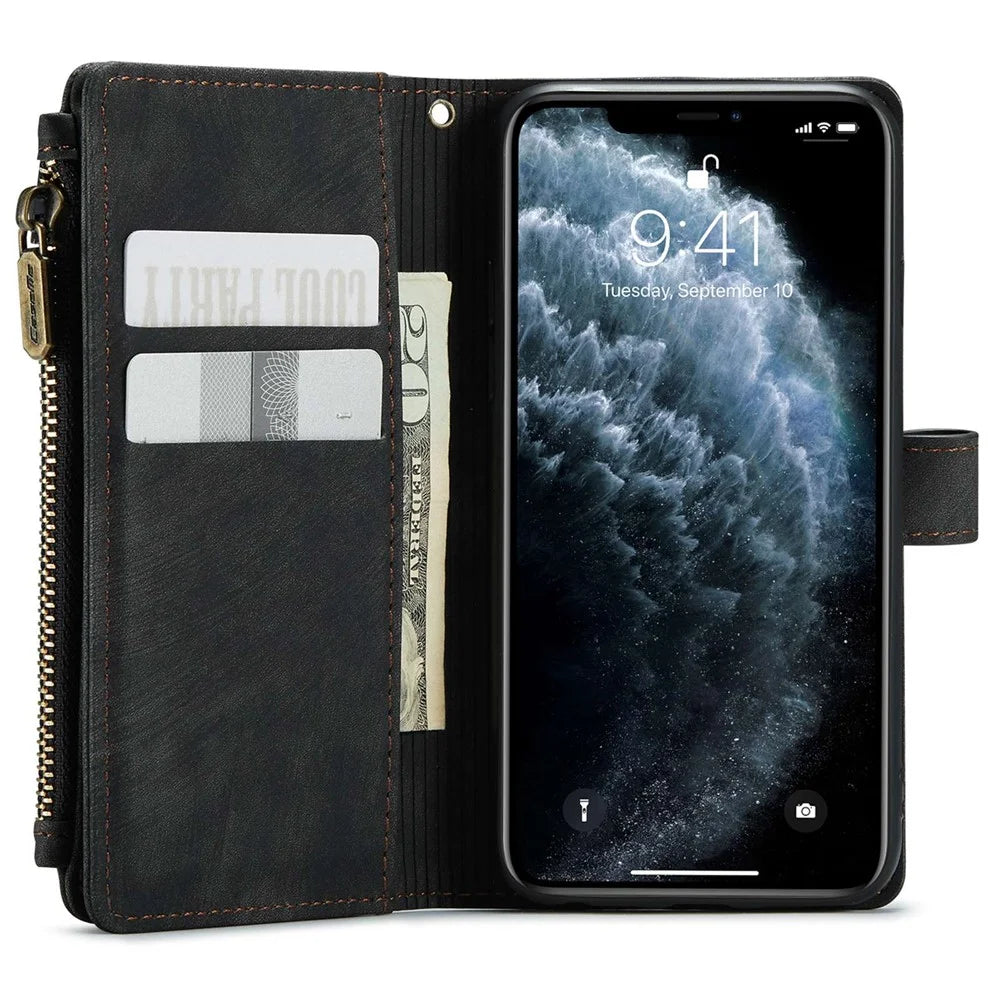 For iPhone 11 Phone Cases with Strap CASEME C30 Zipper Multiple Card Holder PU Leather Cover - Black - 4