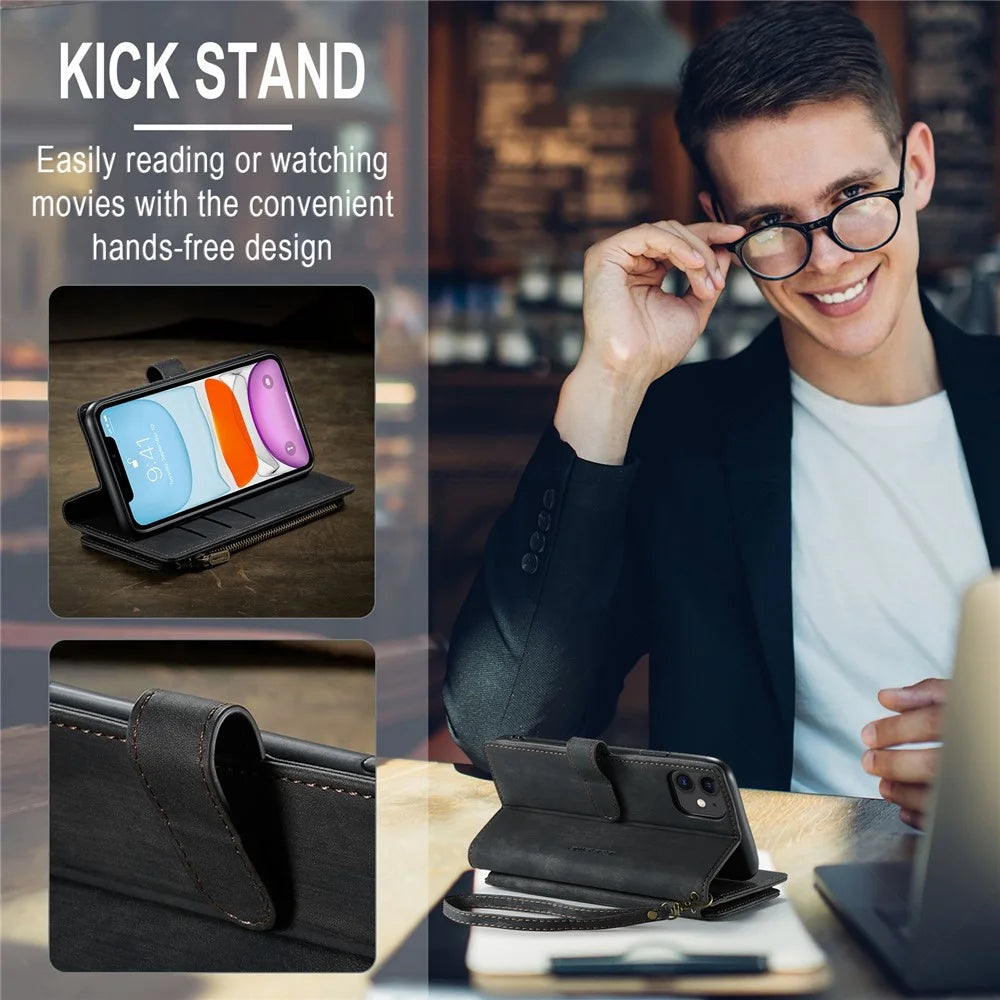 For iPhone 11 Phone Cases with Strap CASEME C30 Zipper Multiple Card Holder PU Leather Cover - Black - 7