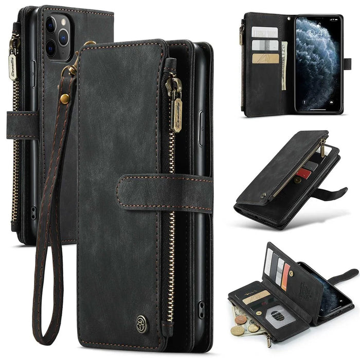 For iPhone 11 Pro Max Phone Cases with Strap CASEME C30 Zipper Multiple Card Holder PU Leather Cover - Black - 1