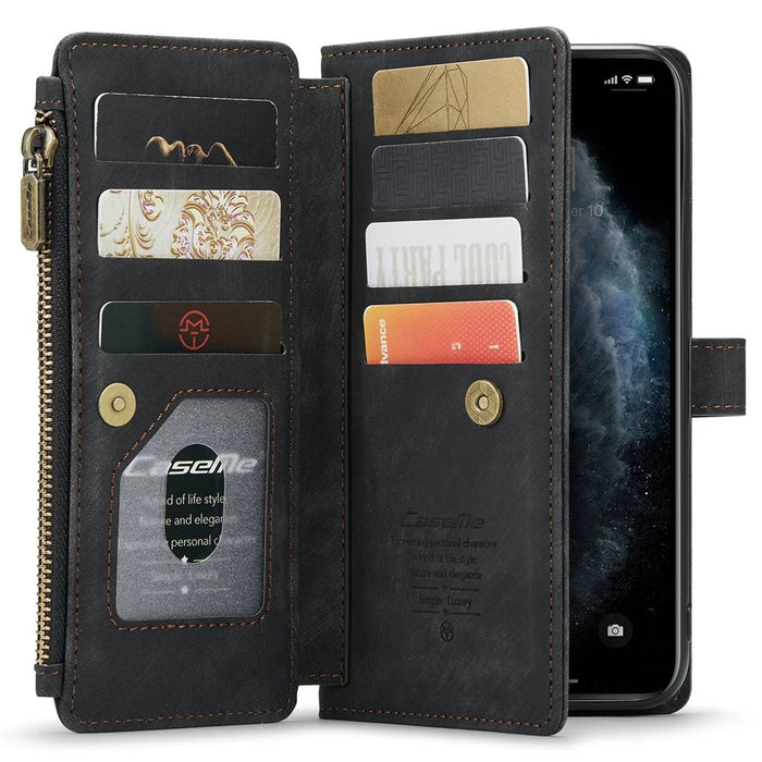 For iPhone 11 Pro Max Phone Cases with Strap CASEME C30 Zipper Multiple Card Holder PU Leather Cover - Black - 3