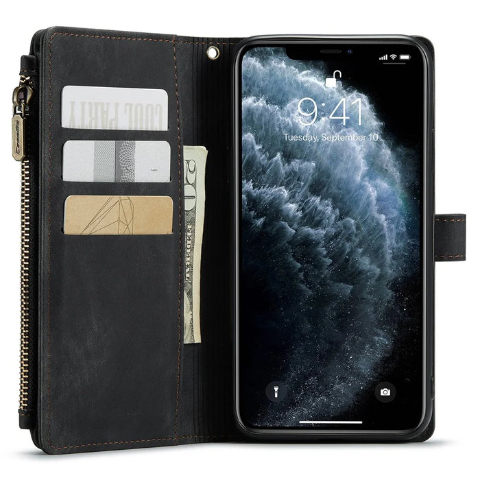 For iPhone 11 Pro Max Phone Cases with Strap CASEME C30 Zipper Multiple Card Holder PU Leather Cover - Black - 4