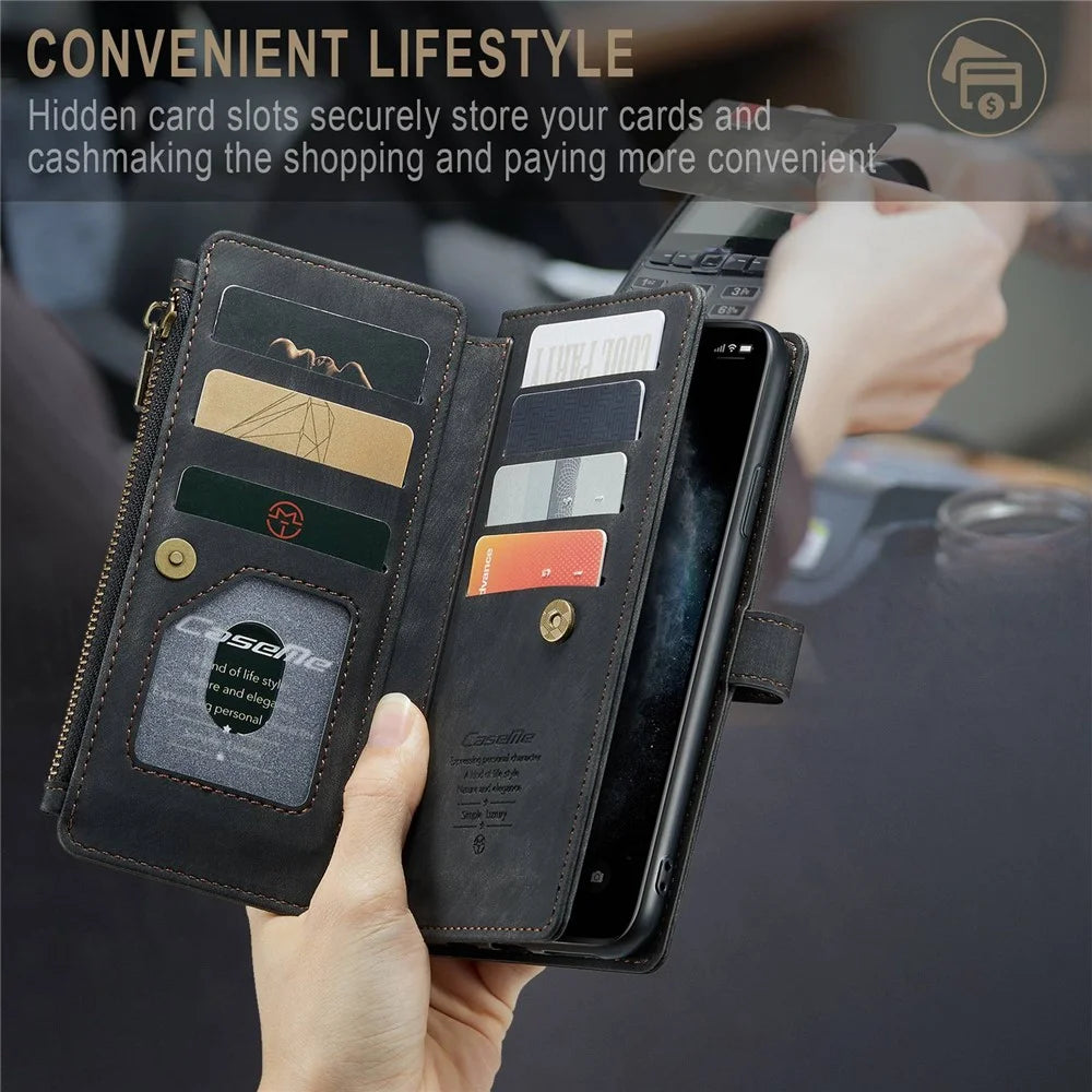 For iPhone 11 Pro Max Phone Cases with Strap CASEME C30 Zipper Multiple Card Holder PU Leather Cover - Black - 5