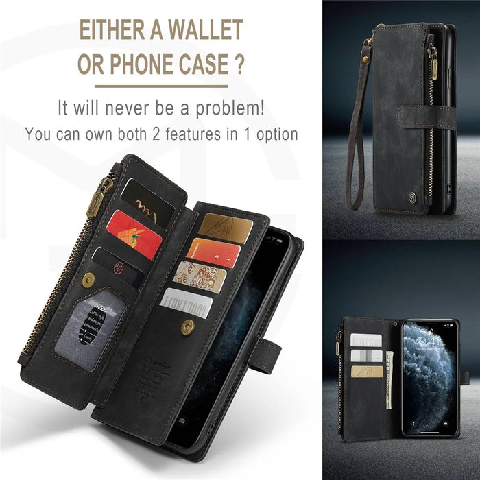 For iPhone 11 Pro Max Phone Cases with Strap CASEME C30 Zipper Multiple Card Holder PU Leather Cover - Black - 6
