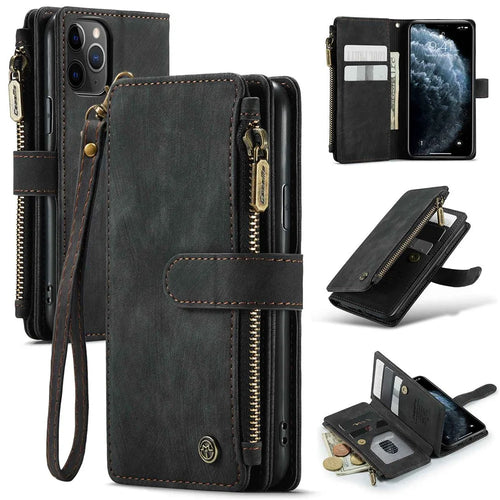 For iPhone 11 Pro Phone Cases with Strap CASEME C30 Zipper Multiple Card Holder PU Leather Cover - Black - 1