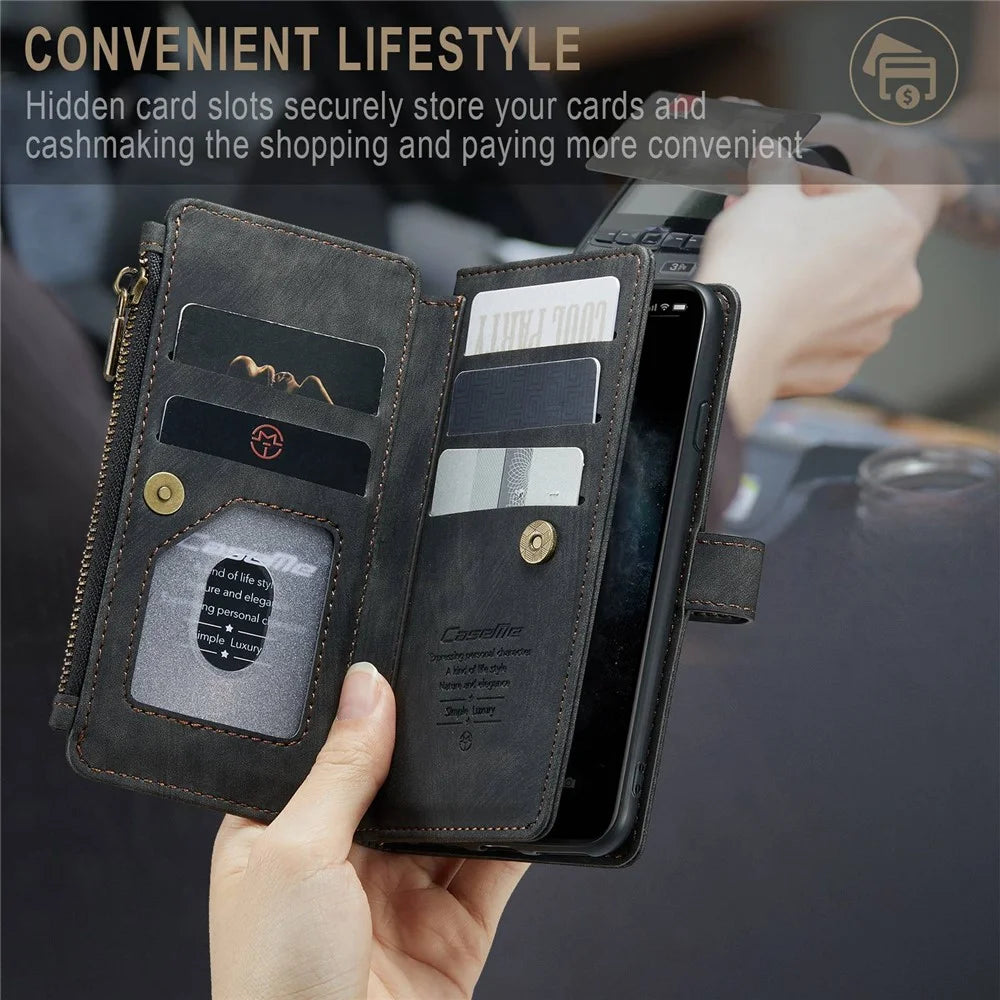 For iPhone 11 Pro Phone Cases with Strap CASEME C30 Zipper Multiple Card Holder PU Leather Cover - Black - 5