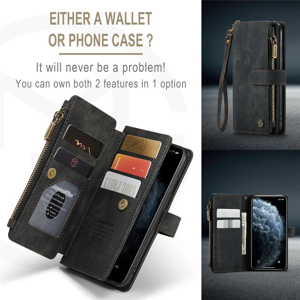 For iPhone 11 Pro Phone Cases with Strap CASEME C30 Zipper Multiple Card Holder PU Leather Cover - Black - 6