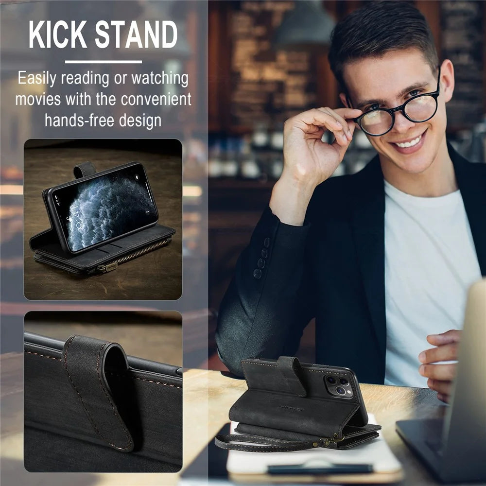 For iPhone 11 Pro Phone Cases with Strap CASEME C30 Zipper Multiple Card Holder PU Leather Cover - Black - 7