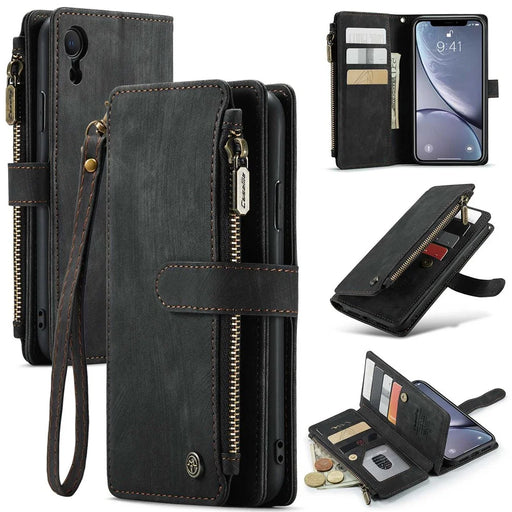 For iPhone XR Phone Cases with Strap CASEME C30 Zipper Multiple Card Holder PU Leather Cover - Black - 1