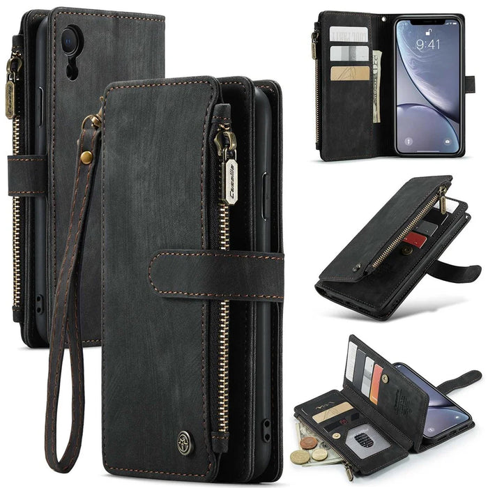 For iPhone XR Phone Cases with Strap CASEME C30 Zipper Multiple Card Holder PU Leather Cover - Black - 1